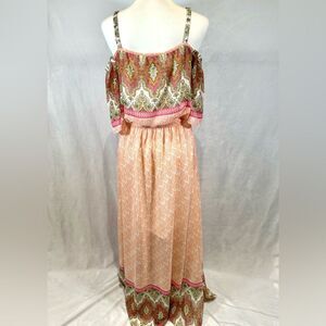 Off shoulder peach pink and green boho chiffon maxi dress size 6